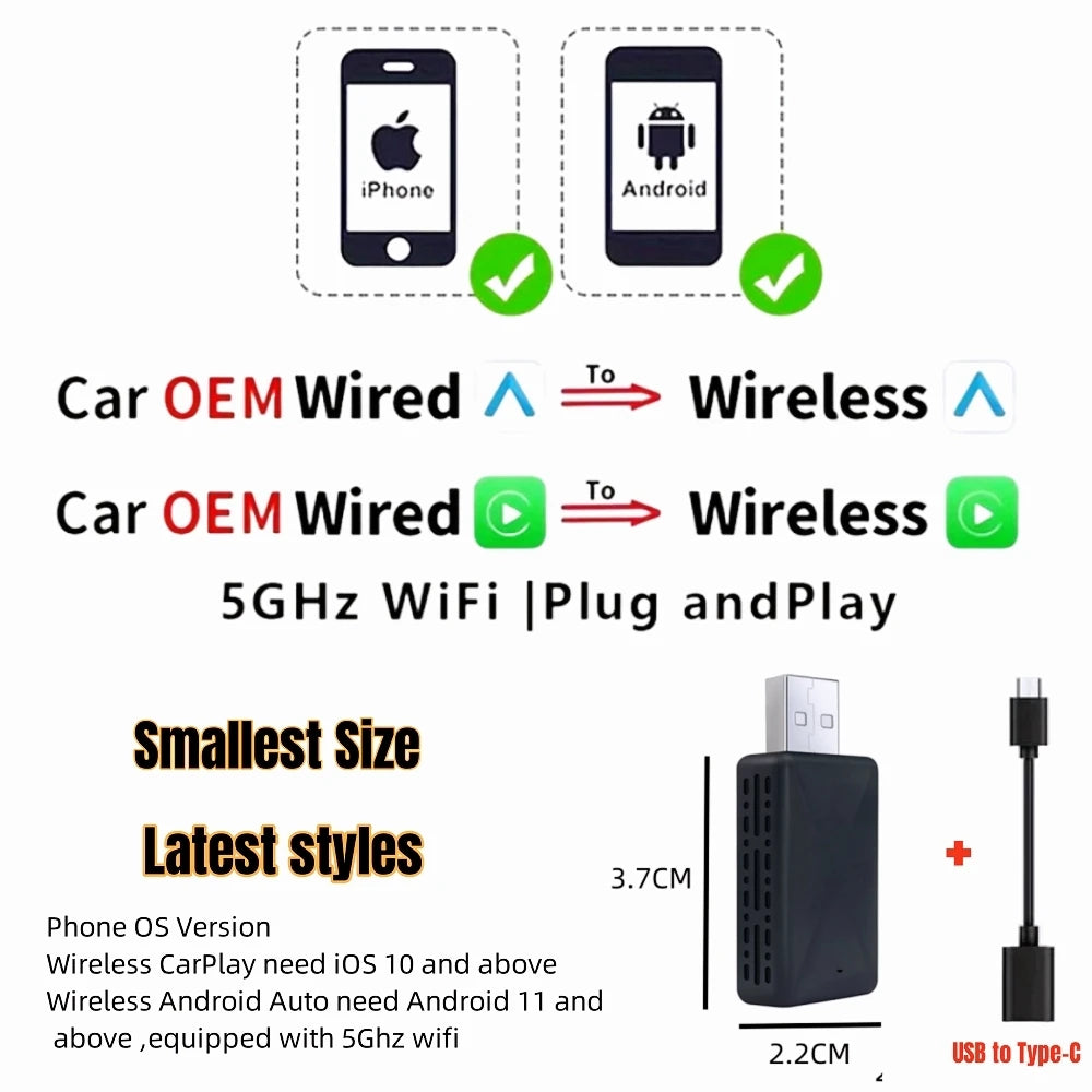 LEXXSON Mini Wireless Apple CarPlay Adapter Portable Smart Mini Box Plug and Play BT WiFi for Car Radio with OEM Wired CarPlay