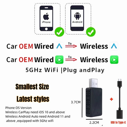 LEXXSON Mini Wireless Apple CarPlay Adapter Portable Smart Mini Box Plug and Play BT WiFi for Car Radio with OEM Wired CarPlay